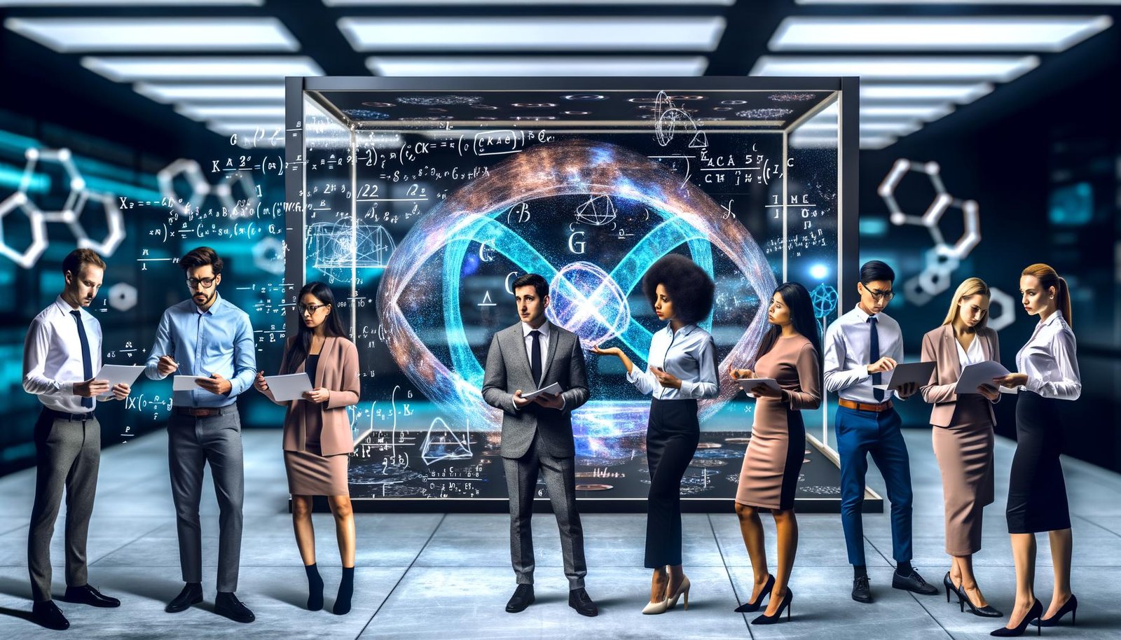 Marketer in futuristischem Büro analysieren holographische Quantenanzeigen vor strahlendem Quantencomputer.