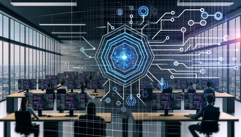 Dynamische Szene eines modernen Büros mit Monitoring-Screens, Data-Engineers und grafisch stilisiertem Zielscheiben-Icon als Symbol für KI-Trigger-Logik vor verschwommenen klassischen Diagrammen.