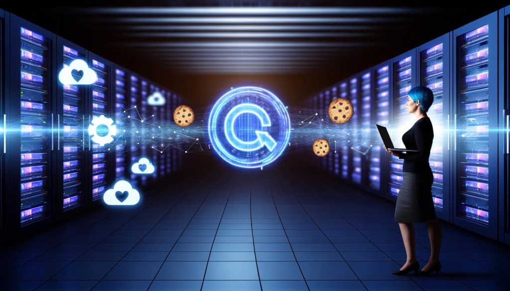 Dunkler Serverraum mit Datenströmen von zerbröselnden Browser-Cookies zu einem zentralen Facebook-Logo, verblasster Facebook Pixel und leuchtend-blaue Servereinheiten, im Vordergrund ein konzentrierter Marketing-Profi mit Laptop.