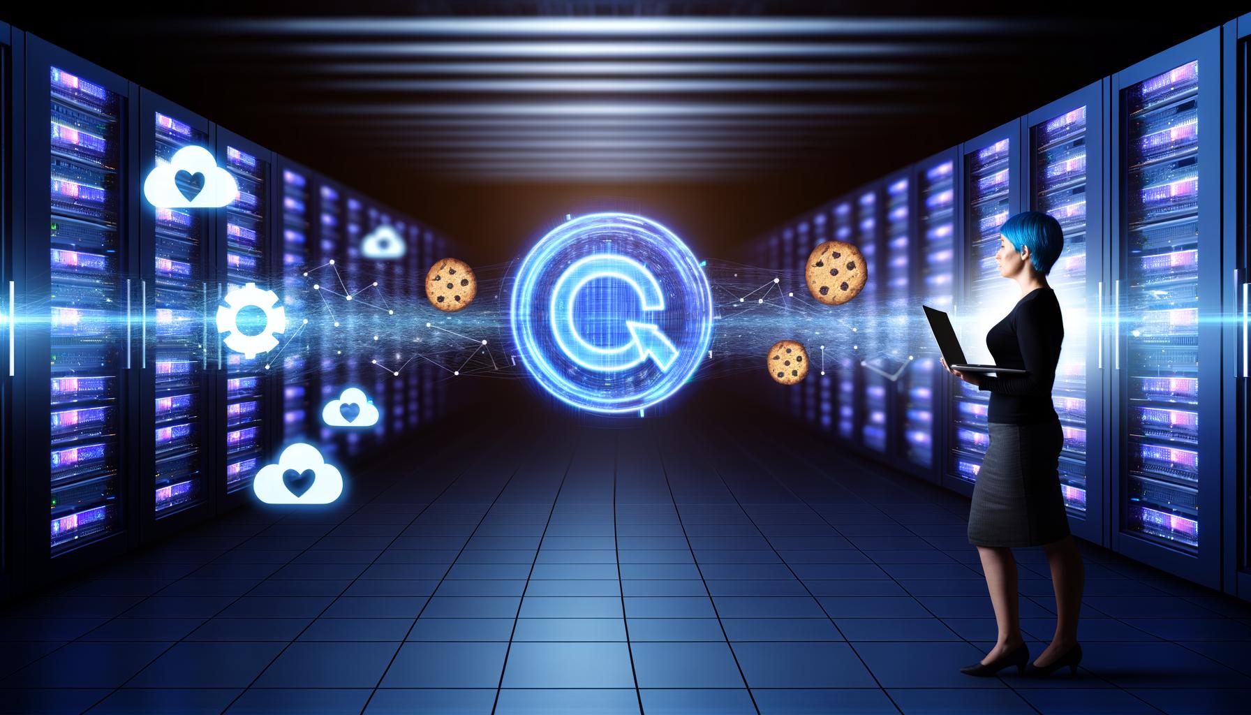 Dunkler Serverraum mit Datenströmen von zerbröselnden Browser-Cookies zu einem zentralen Facebook-Logo, verblasster Facebook Pixel und leuchtend-blaue Servereinheiten, im Vordergrund ein konzentrierter Marketing-Profi mit Laptop.