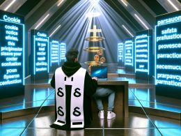 Person mit Hoodie und Laptop sitzt im futuristischen Beichtstuhl, gegenüber ein Datenschutz-Priester mit Paragrafen auf der Stola, umgeben von leuchtenden Datenschutzsymbolen und digitalen Heiligenscheinen.