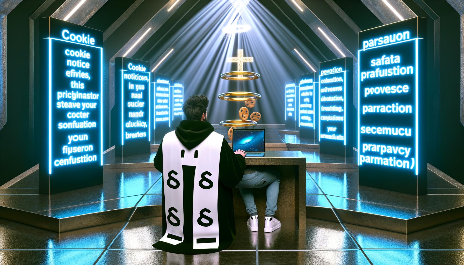Person mit Hoodie und Laptop sitzt im futuristischen Beichtstuhl, gegenüber ein Datenschutz-Priester mit Paragrafen auf der Stola, umgeben von leuchtenden Datenschutzsymbolen und digitalen Heiligenscheinen.