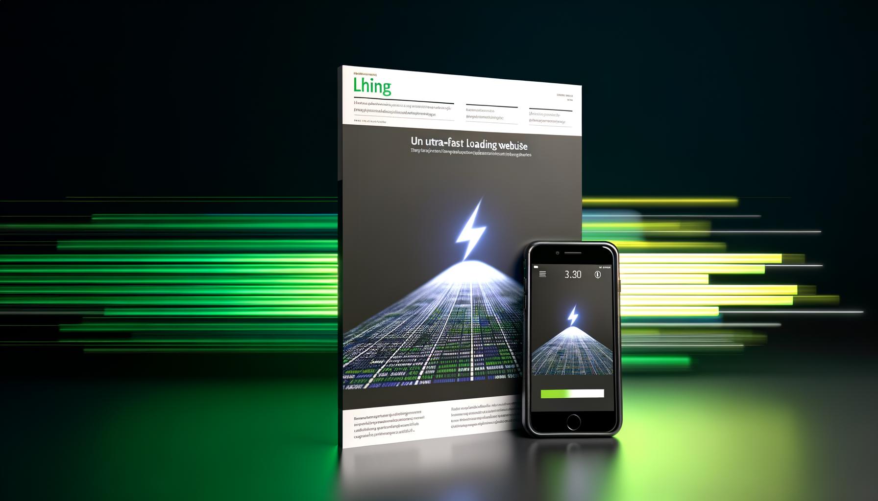 Smartphone mit ultraschnell ladender, minimalistischer Website, Lade-Animation, AMP-Blitz und verschwommenen Performance-Diagrammen im Hintergrund