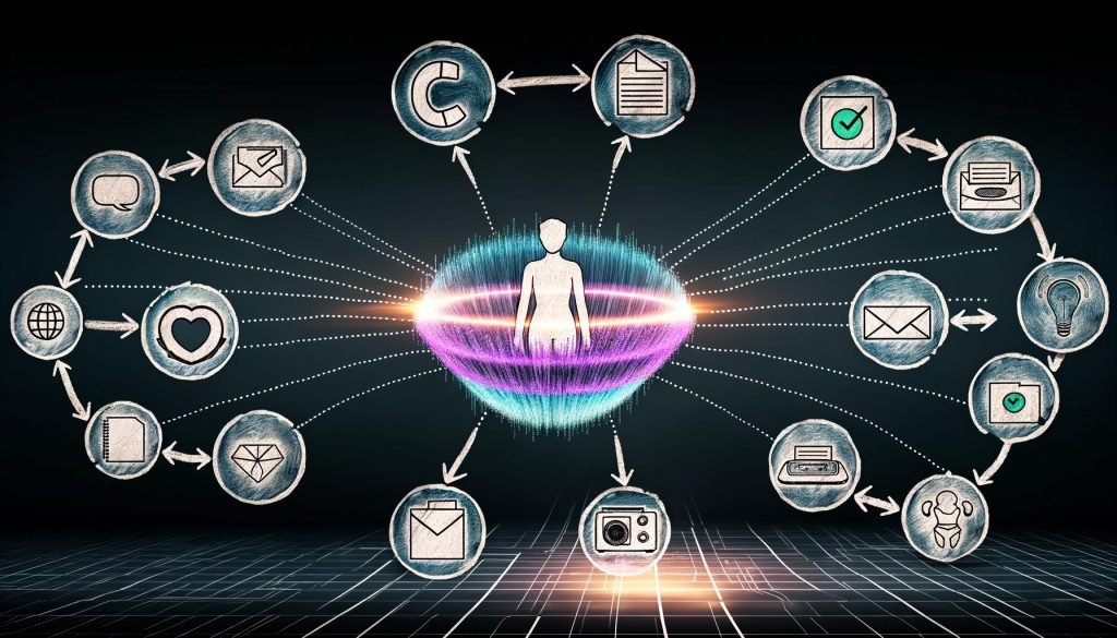 Collage mit digital stilisiertem Daten-Ökosystem, leuchtender Datenplattform, verfallenden Symbolen für veraltete Technologie und selbstbewusster Figur, die Datenfäden mit Consent-Symbolen steuert