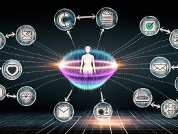 Collage mit digital stilisiertem Daten-Ökosystem, leuchtender Datenplattform, verfallenden Symbolen für veraltete Technologie und selbstbewusster Figur, die Datenfäden mit Consent-Symbolen steuert