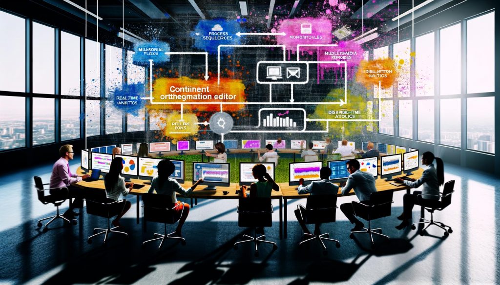 Moderner Arbeitsplatz, wo verschiedene Marketing-Teams den Content Orchestration Editor auf großen Bildschirmen nutzen, um Prozesse, Assets und Analysen effizient zu steuern.