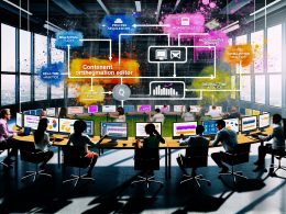 Moderner Arbeitsplatz, wo verschiedene Marketing-Teams den Content Orchestration Editor auf großen Bildschirmen nutzen, um Prozesse, Assets und Analysen effizient zu steuern.