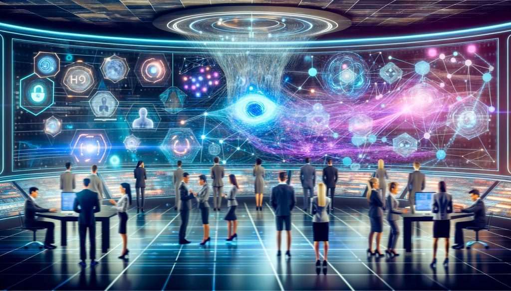 Futuristischer Kontrollraum mit holografischen Dashboards, Marketers, Datenwissenschaftlern, KI-Robotern und leuchtenden Quantencomputer-Kernen, Symbol für Quantum Marketing.