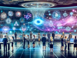 Futuristischer Kontrollraum mit holografischen Dashboards, Marketers, Datenwissenschaftlern, KI-Robotern und leuchtenden Quantencomputer-Kernen, Symbol für Quantum Marketing.