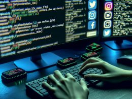 Dunkler Computerarbeitsplatz mit mehreren Bildschirmen, auf denen Instagram-Profile, Bot-Tools und technische Begriffe wie API-Emulation und Proxy-Rotation zu sehen sind, dazu eine Matrix von Instagram-Logos und Warnmeldungen zu Shadowbans.