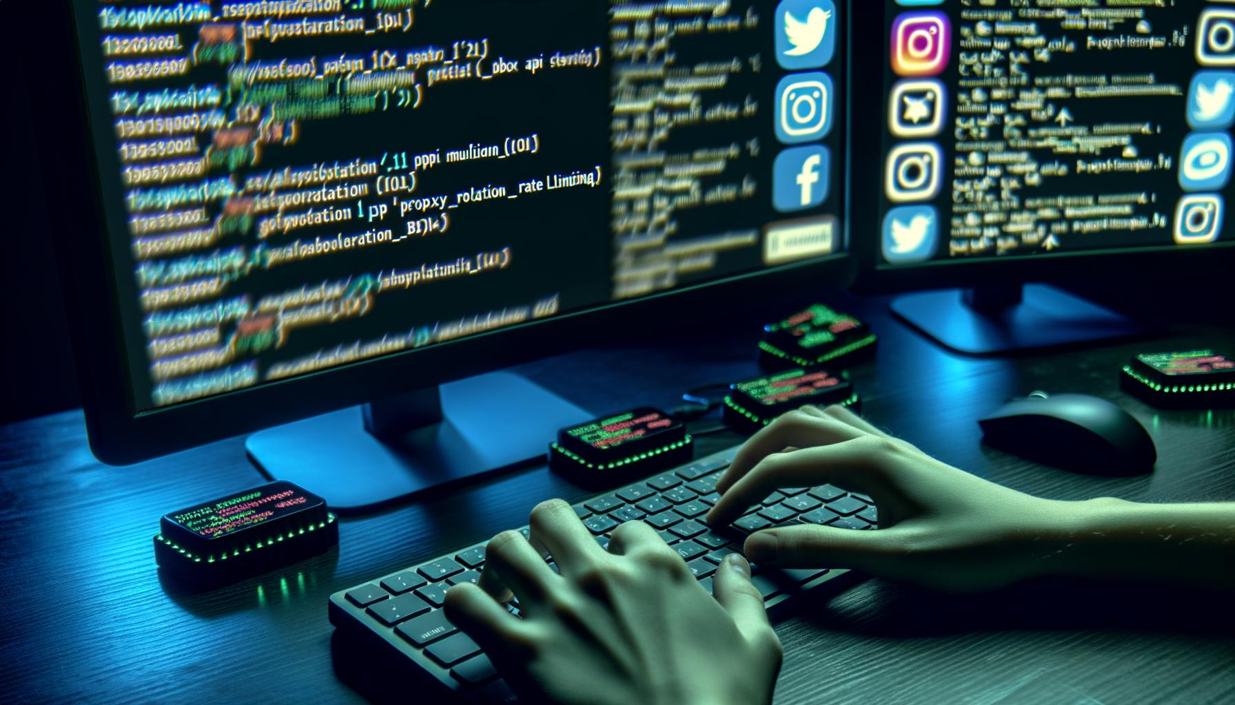 Dunkler Computerarbeitsplatz mit mehreren Bildschirmen, auf denen Instagram-Profile, Bot-Tools und technische Begriffe wie API-Emulation und Proxy-Rotation zu sehen sind, dazu eine Matrix von Instagram-Logos und Warnmeldungen zu Shadowbans.