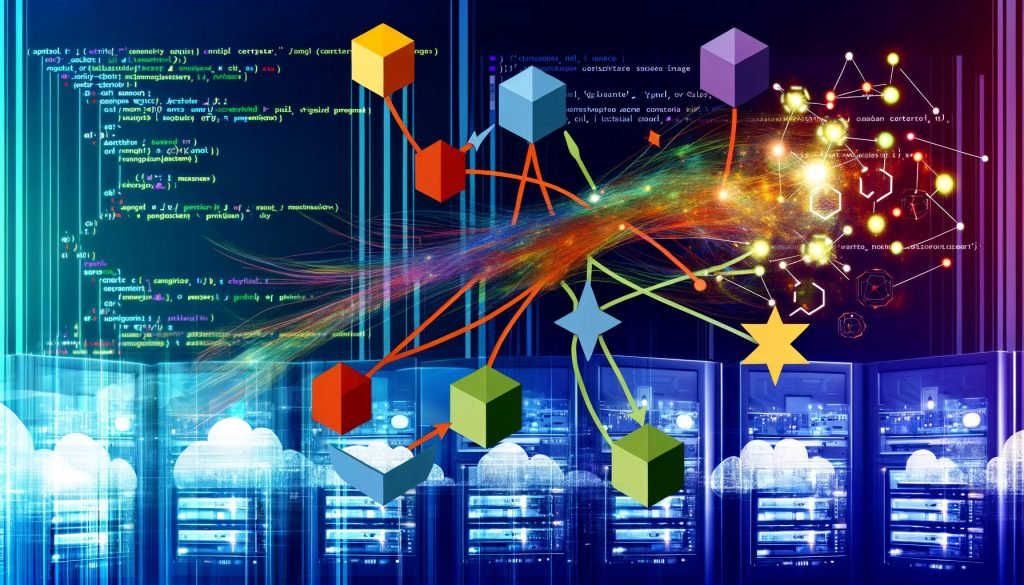 Modernes Titelbild mit buntem Git-Branch-Graph, Cloud- und Serverlandschaft, Kubernetes-Symbolen, Container-Icons, Automatisierungszahnrädern und Code-Anzeigen auf Monitoren.