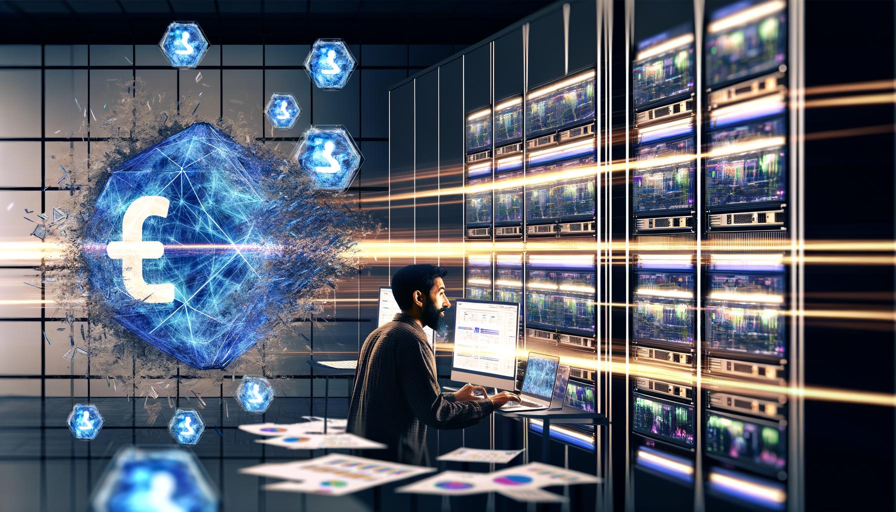 Moderner Arbeitsplatz eines Digitalmarketers mit Facebook Ads-Dashboards, Codefenstern und zerbrechendem Facebook Pixel-Icon im Hintergrund. Neonblaue Datenlinien von Servern zum Facebook-Logo, symbolisieren den Übergang zu Facebook CAPI.