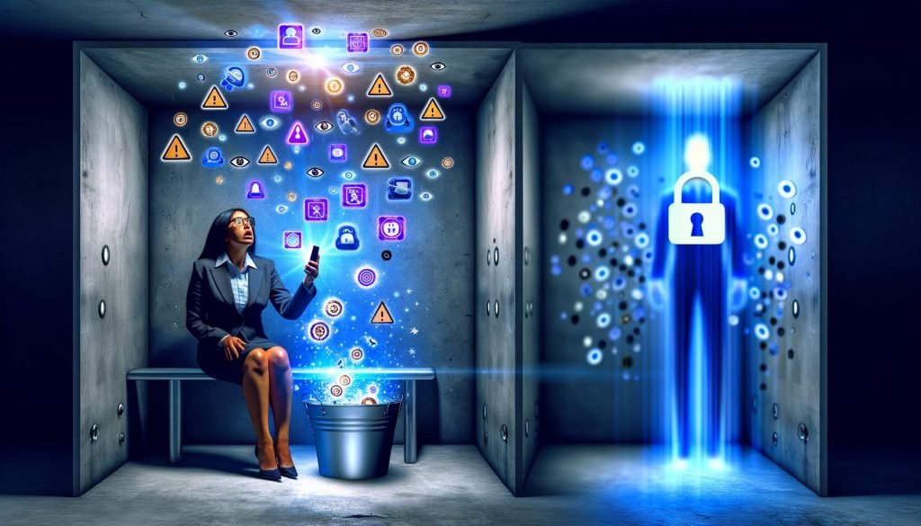 Moderner digitaler Beichtstuhl mit Marketer, Smartphone, DSGVO-Symbolen und leuchtenden Tracking-Icons in einer ernsten und zugleich ironischen Atmosphäre.