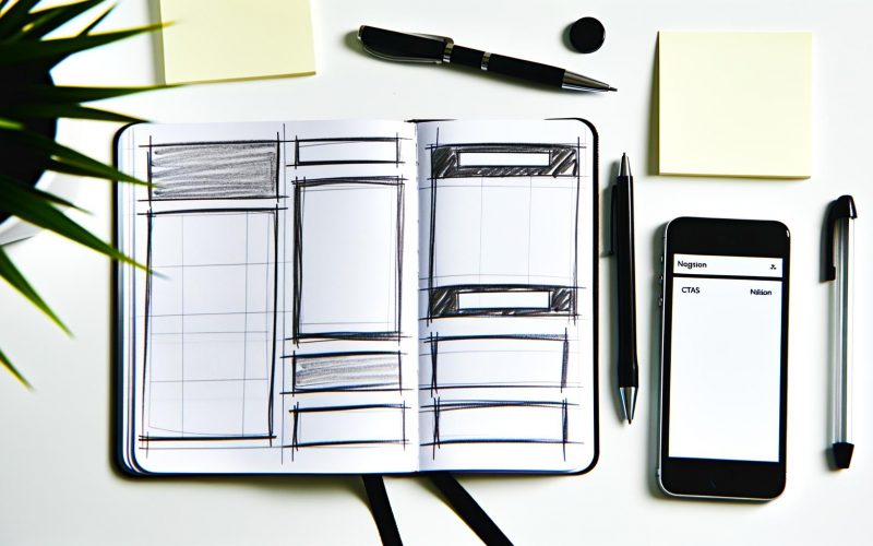 Minimalistisches, von oben aufgenommenes Schreibtisch-Setup mit aufgeklapptem Notizbuch, Handskizze einer Website, Stift, Smartphone und beschrifteten Haftnotizen.