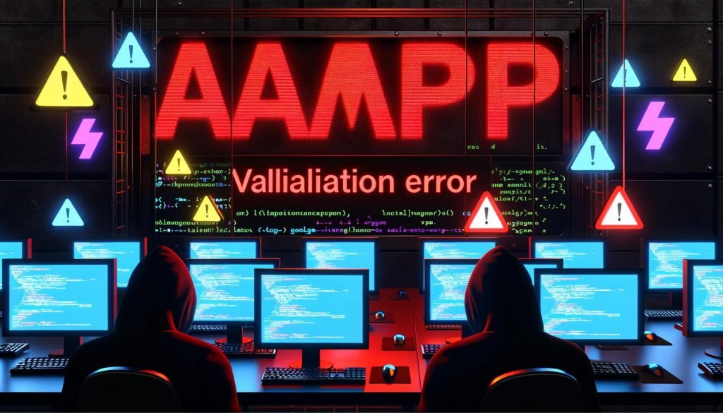 Entwickler in Hoodie beobachten AMP Validierungsfehler-Hinweis in modernem, dunklem Serverraum mit leuchtenden Icons und verblassendem Google-Logo.