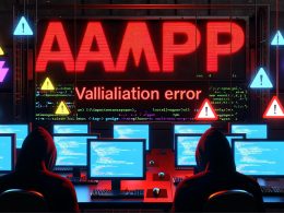 Entwickler in Hoodie beobachten AMP Validierungsfehler-Hinweis in modernem, dunklem Serverraum mit leuchtenden Icons und verblassendem Google-Logo.