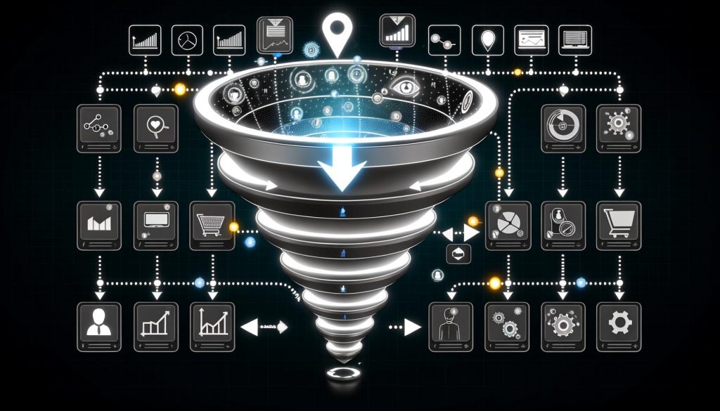 Futuristische Darstellung eines digitalen Marketing-Funnels mit Datenströmen, Webseiten-Icons, Einkaufswagen, Nutzer-Avataren und Analyse-Symbolen auf dunklem Hintergrund.