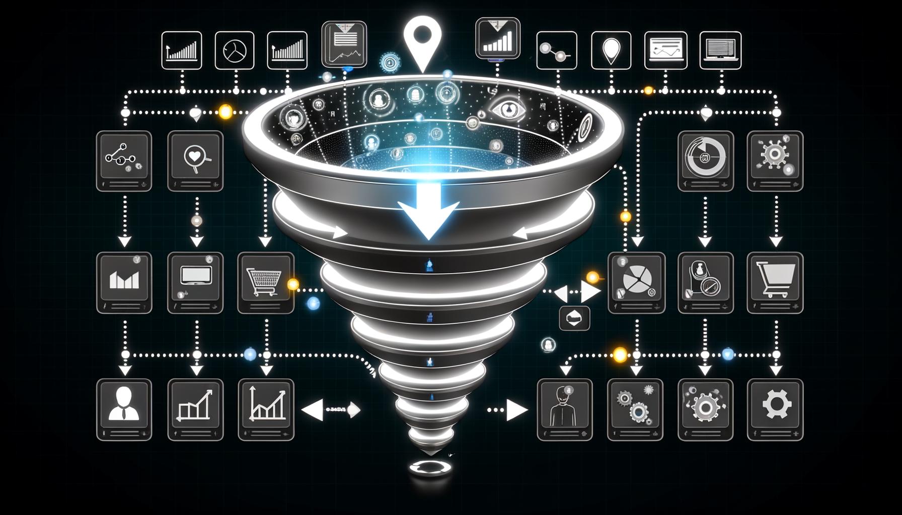 Futuristische Darstellung eines digitalen Marketing-Funnels mit Datenströmen, Webseiten-Icons, Einkaufswagen, Nutzer-Avataren und Analyse-Symbolen auf dunklem Hintergrund.