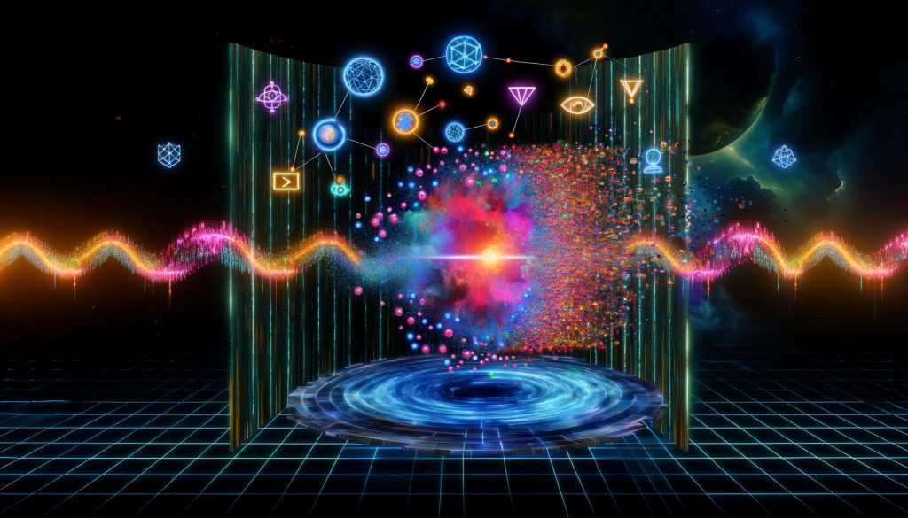 Futuristische Illustration von Quantum Marketing mit leuchtendem Datennetzwerk, KI-, Blockchain- und Analyse-Symbolen, umgeben von explodierenden klassischen Werbeelementen auf dunklem Hintergrund.