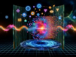 Futuristische Illustration von Quantum Marketing mit leuchtendem Datennetzwerk, KI-, Blockchain- und Analyse-Symbolen, umgeben von explodierenden klassischen Werbeelementen auf dunklem Hintergrund.