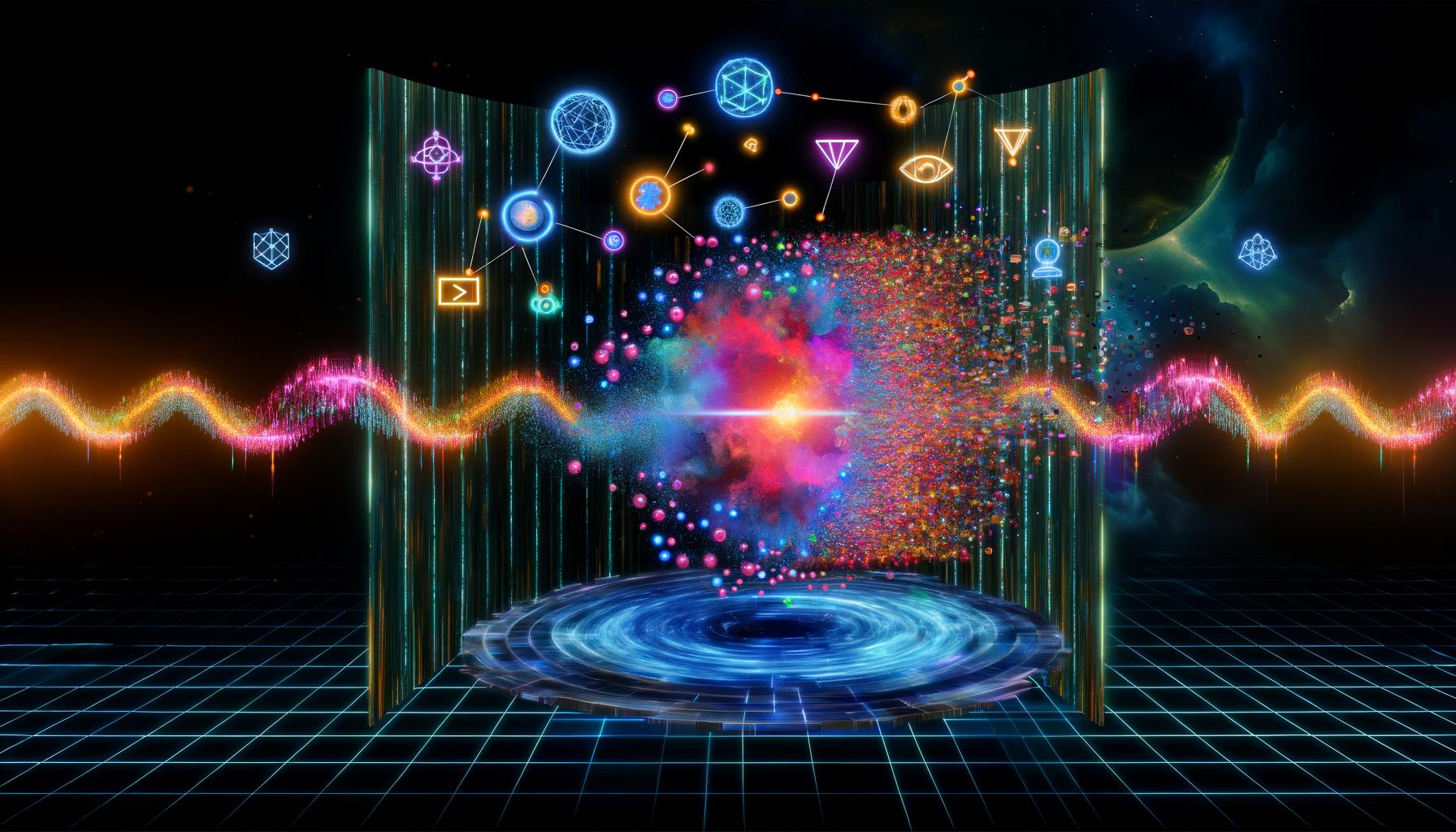 Futuristische Illustration von Quantum Marketing mit leuchtendem Datennetzwerk, KI-, Blockchain- und Analyse-Symbolen, umgeben von explodierenden klassischen Werbeelementen auf dunklem Hintergrund.