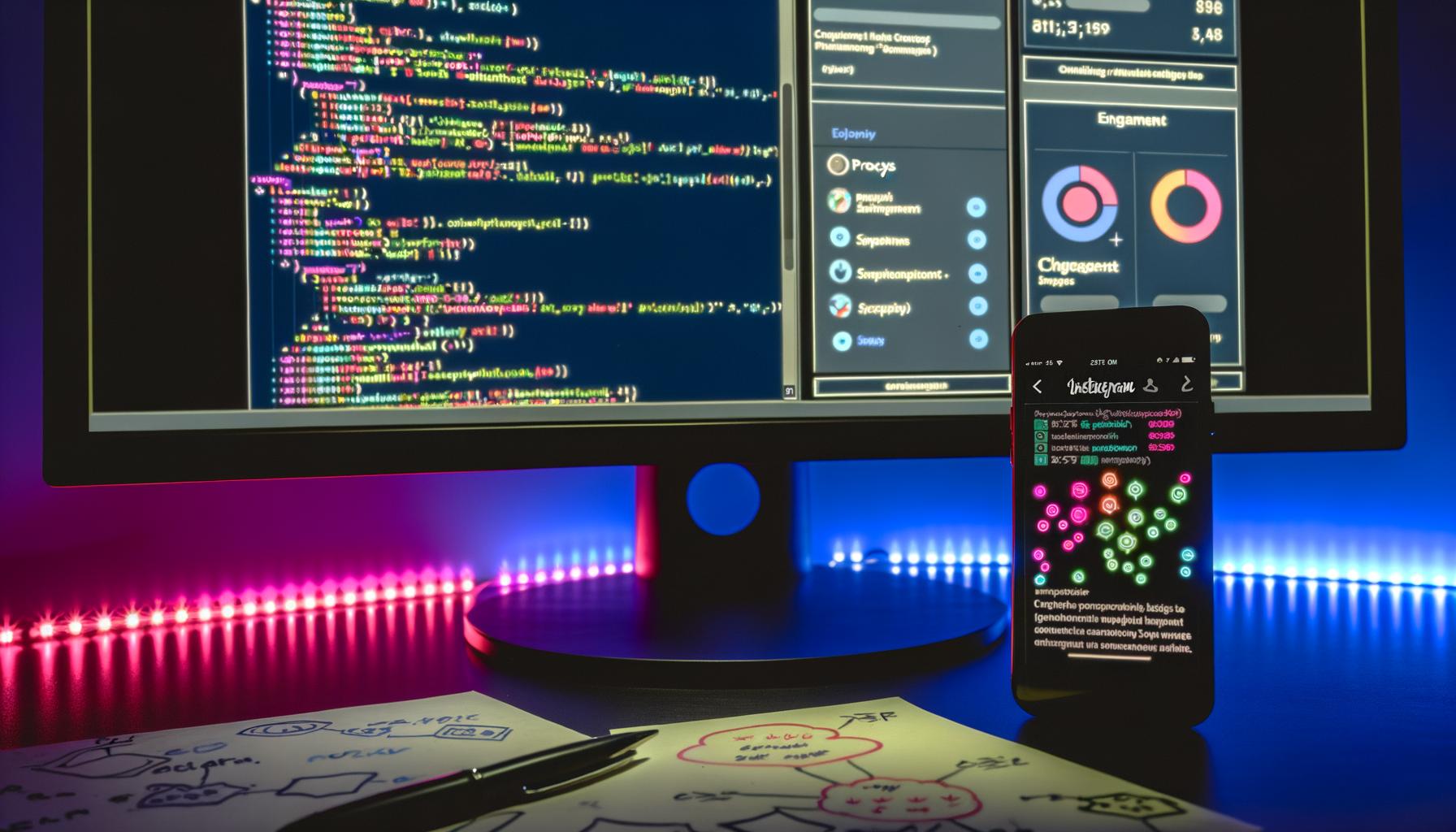 Moderner technischer Arbeitsplatz bei Nacht mit Monitor, der Instagram Bot-Code und Engagement-Statistiken anzeigt, Smartphone mit geöffneter Instagram-App sowie Notizen und Skizzen auf dem Tisch.