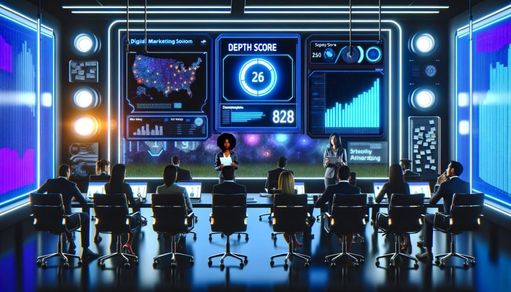 Modernes Marketing-Team in Hightech-Büro analysiert digitale Kampagnendaten mit KI-Dashboards, Depth Score Anzeige und Storytelling-Whiteboard.