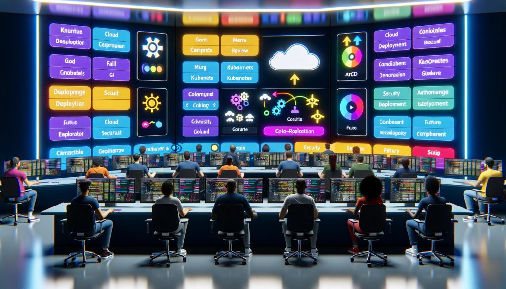 Mehrere Engineers sitzen in einem modernen Kontrollraum vor großen Monitoren mit Dashboards und automatisierten Deployment-Workflows für Kubernetes, ArgoCD und Flux.