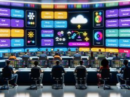 Mehrere Engineers sitzen in einem modernen Kontrollraum vor großen Monitoren mit Dashboards und automatisierten Deployment-Workflows für Kubernetes, ArgoCD und Flux.