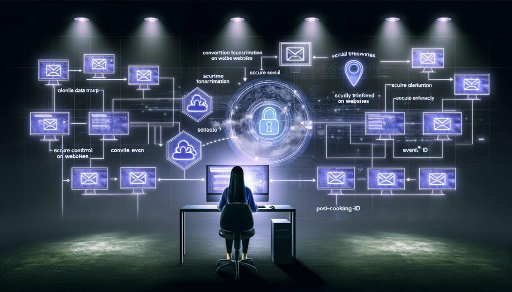 Futuristischer Arbeitsplatz eines Digital-Marketers mit Monitoren, die sichere serverseitige Datenübertragungen zwischen Website und Facebook sowie Conversion-Events und Datenschutzsymbole zeigen, während herkömmliche Browser-Trackingmethoden ausgeblendet sind.