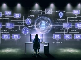 Futuristischer Arbeitsplatz eines Digital-Marketers mit Monitoren, die sichere serverseitige Datenübertragungen zwischen Website und Facebook sowie Conversion-Events und Datenschutzsymbole zeigen, während herkömmliche Browser-Trackingmethoden ausgeblendet sind.