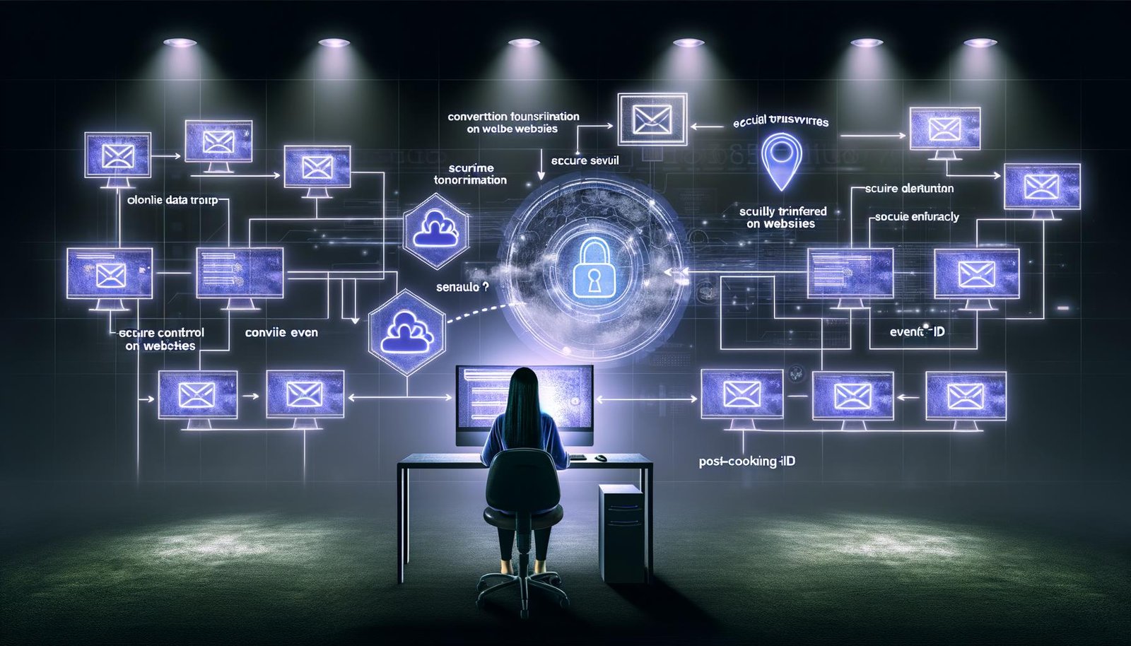 Futuristischer Arbeitsplatz eines Digital-Marketers mit Monitoren, die sichere serverseitige Datenübertragungen zwischen Website und Facebook sowie Conversion-Events und Datenschutzsymbole zeigen, während herkömmliche Browser-Trackingmethoden ausgeblendet sind.