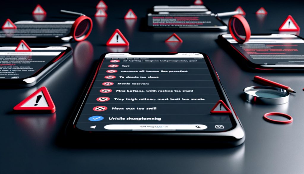 Modernes Smartphone mit fragmentierter Website, winzigen Bedienelementen und vielen Usability-Warnungen, umgeben von Speedtests und rot markierten Schwachstellen.