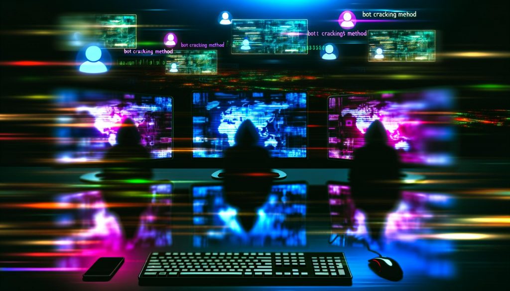 Futuristischer Computerarbeitsplatz mit Monitoren voller bunter Codes, Diagramme und Instagram-Logos, Silhouetten blicken konzentriert auf die Bildschirme, leuchtende Datenströme auf Tastatur und Smartphone, „Bot Cracking Method“-Grafik sichtbar.