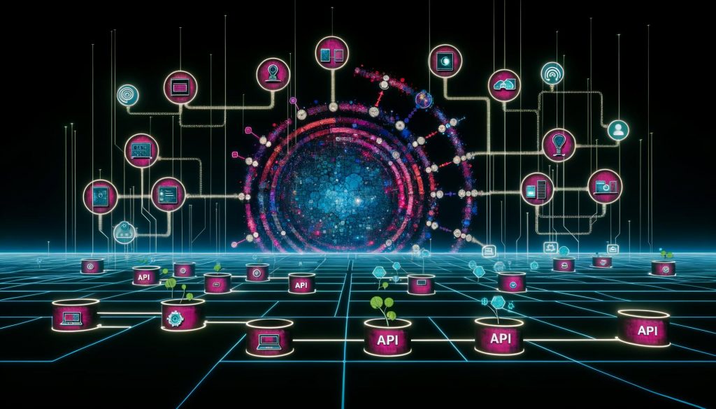Matrix-Landschaft mit digital verbundenen Kanälen, zentralem Kontrollzentrum und diversen Ausgabegeräten in futuristischem Neon-Stil.