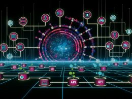 Matrix-Landschaft mit digital verbundenen Kanälen, zentralem Kontrollzentrum und diversen Ausgabegeräten in futuristischem Neon-Stil.