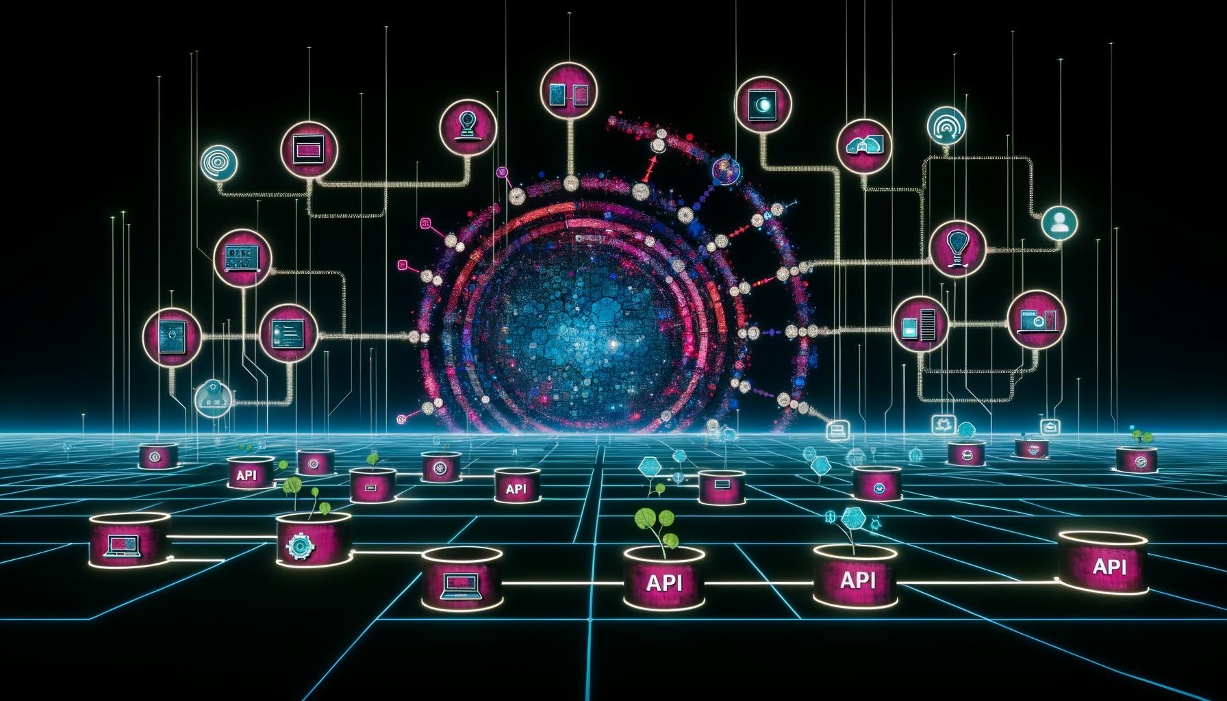 Matrix-Landschaft mit digital verbundenen Kanälen, zentralem Kontrollzentrum und diversen Ausgabegeräten in futuristischem Neon-Stil.