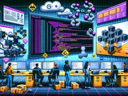 Illustration eines dynamischen IT-Teams vor großen Monitoren mit Git-Repository, Code, Kubernetes-Cluster, Cloud-Symbolen sowie Sicherheits- und Monitoring-Icons in einem modernen, futuristischen Büro.