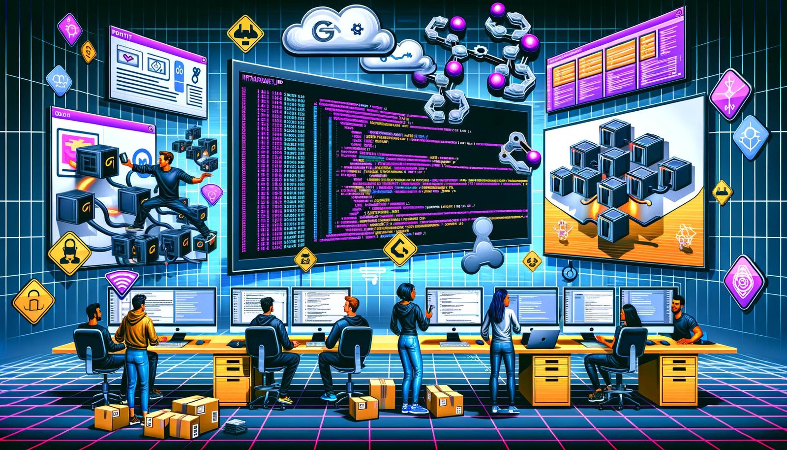 Illustration eines dynamischen IT-Teams vor großen Monitoren mit Git-Repository, Code, Kubernetes-Cluster, Cloud-Symbolen sowie Sicherheits- und Monitoring-Icons in einem modernen, futuristischen Büro.