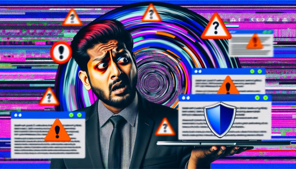 Illustration eines gestressten Marketers, umgeben von Browserwarnungen, Adblocker- und Datenschutzsymbolen sowie Codefragmenten, mit Fokus auf Facebook Pixel und Conversion API.