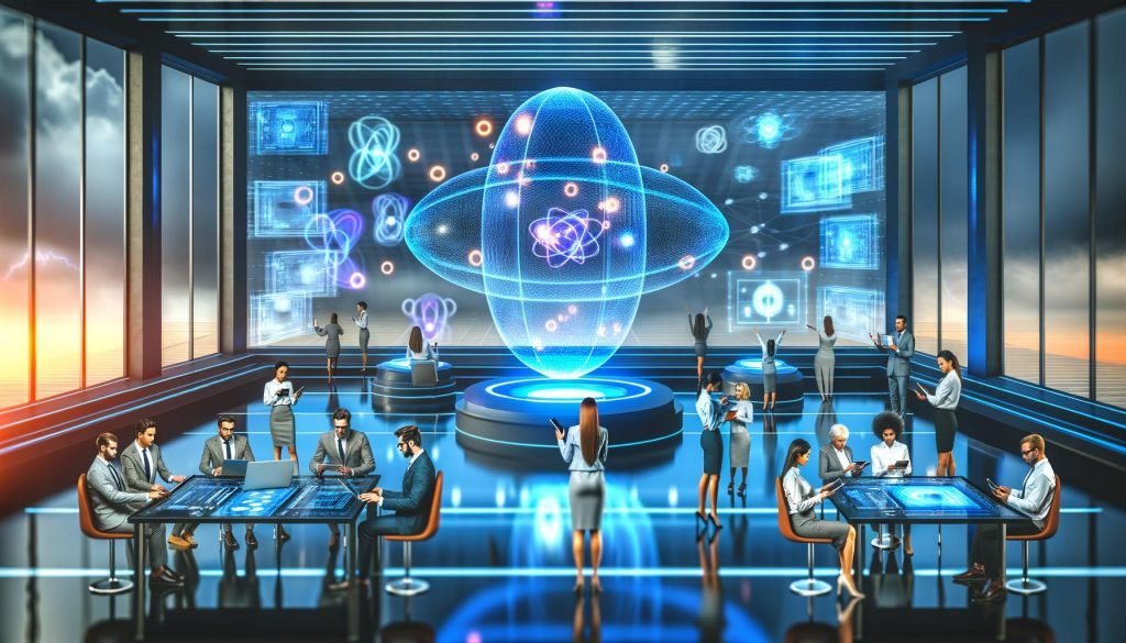 Menschen in Business-Kleidung analysieren in einem futuristischen Labor mit holografischen Dashboards ein transparentes Quantenfeld-Modell.