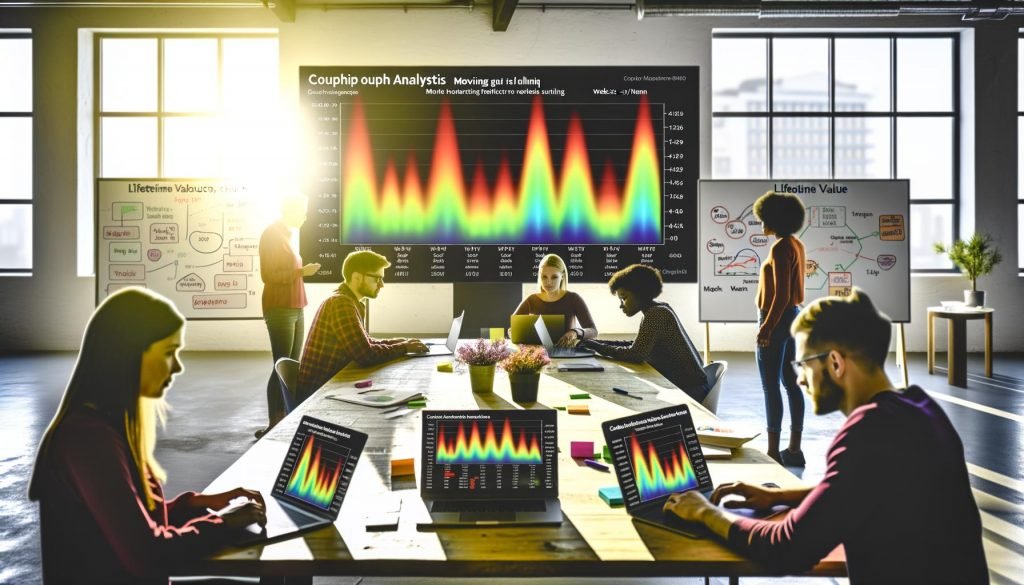 Online-Marketing-Team arbeitet an Laptops vor einer großen Kohortenanalyse-Heatmap, mit Whiteboards und Diagrammen im Bürohintergrund.