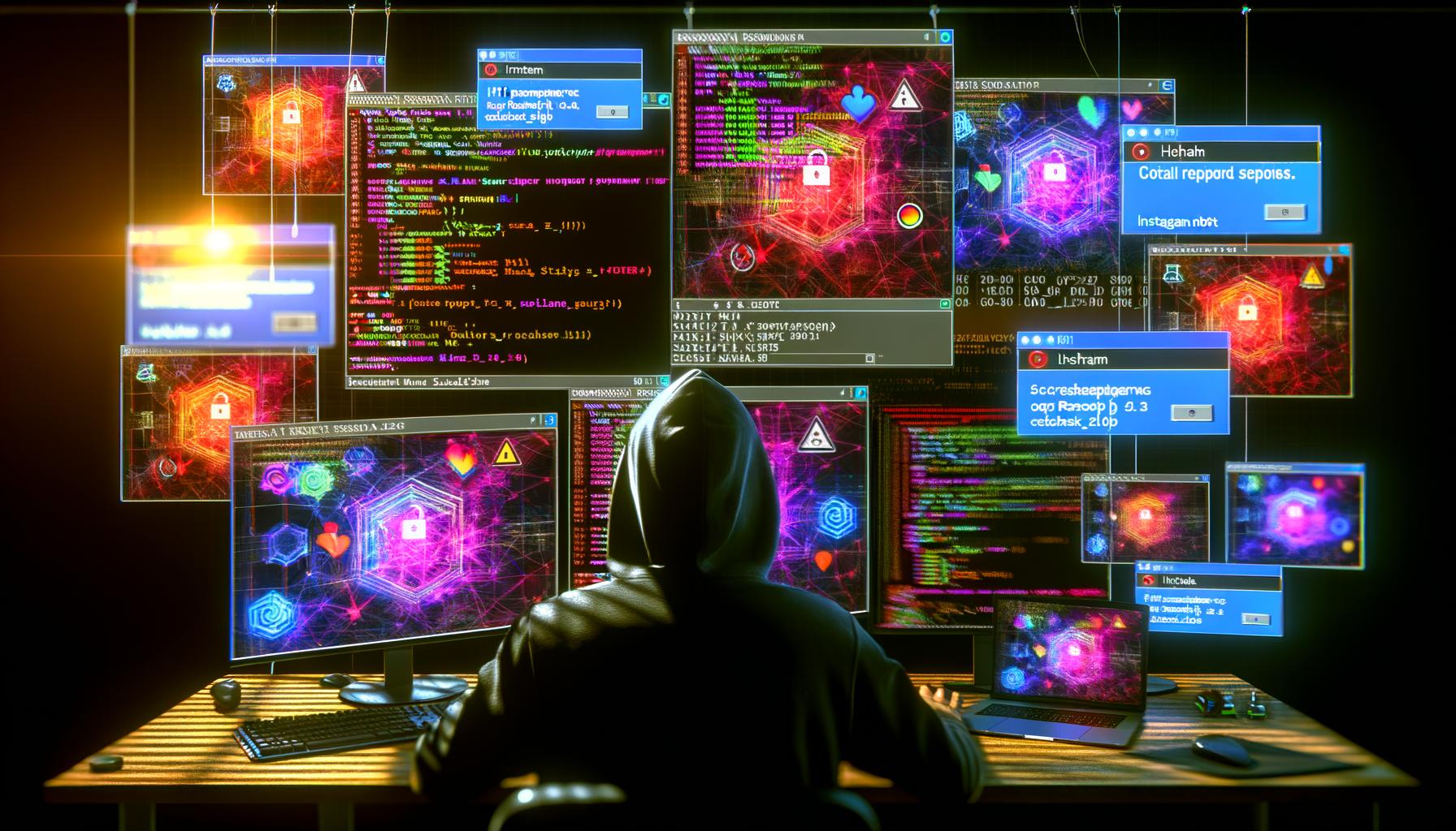 Hochmoderner Monitorarbeitsplatz mit mehreren Bildschirmen, die Code, HTTP-Logs, farbige Diagramme und Fehlermeldungen zeigen. Eine fokussierte Person im Hoodie analysiert aufwendige Instagram Bot-Logdateien, umgeben von Warnungen und Captchas.