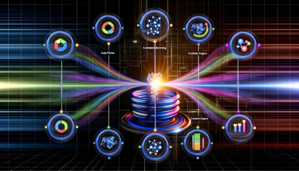 Dynamisches, futuristisches KI-Marketing-Ökosystem mit leuchtendem Datenstrom, vernetzten schwebenden Modulen und Echtzeit-Analyse-Panels vor dunklem, tech-inspiriertem Hintergrund.