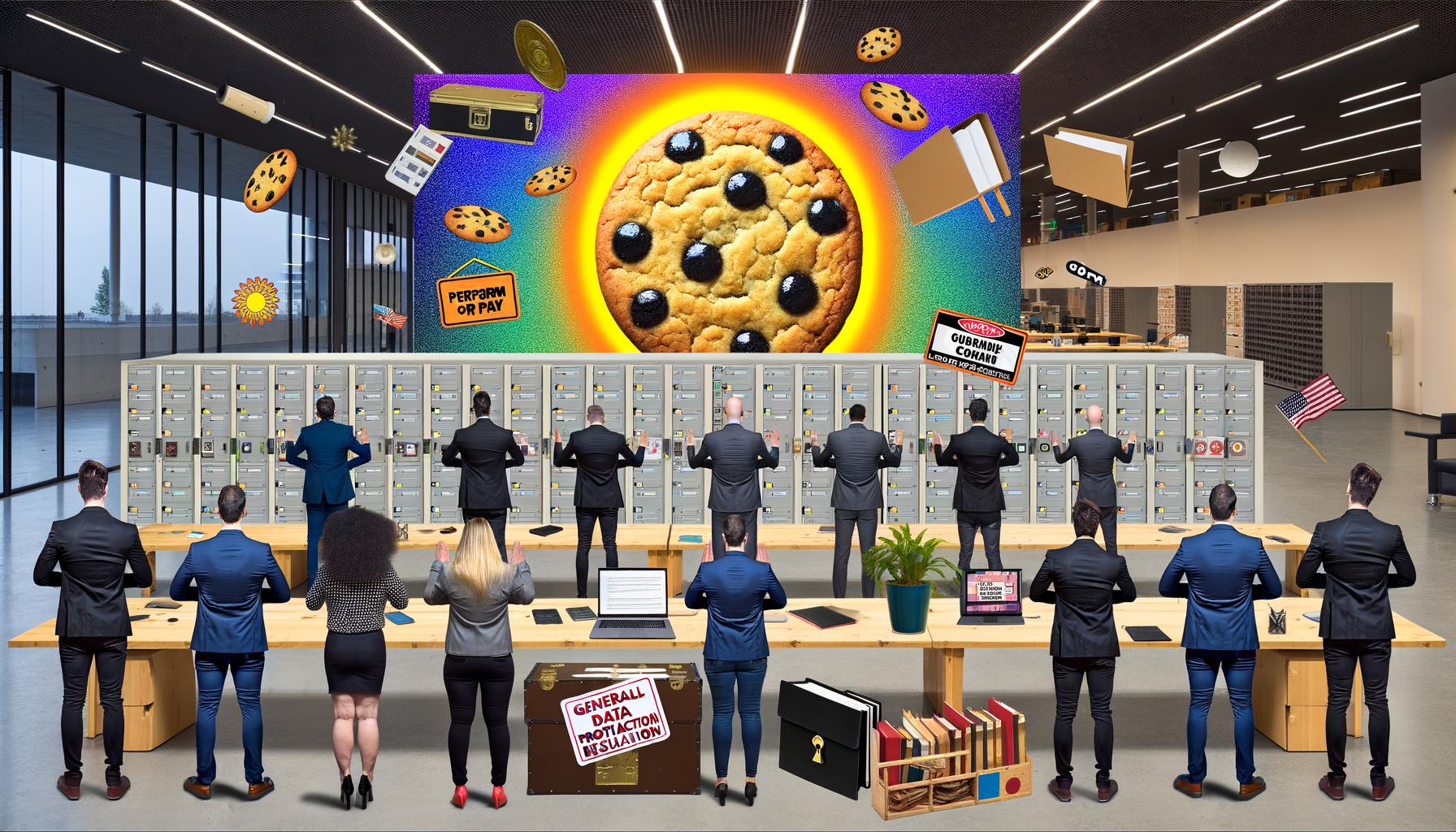Collage eines modernen Großraumbüros mit Menschen in Anzug und Streetwear, die andächtig vor einem großen leuchtenden Cookie-Banner stehen. Im Hintergrund eine bunte DSGVO-Tafel, im Vordergrund Laptops, Aktenordner, juristische Bücher und Server mit Schlössern.