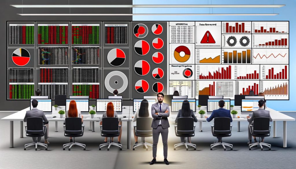 Ein Redaktionsteam umgeben von chaotischen Dashboards und unsortierten Excel-Tabellen, ein Analyst blickt genervt auf rote Warnsymbole bei KPIs; im Hintergrund ein übersichtliches KPI-Dashboard als klarer Kontrast.