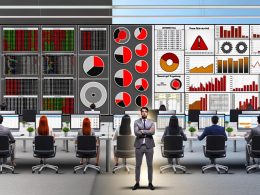 Ein Redaktionsteam umgeben von chaotischen Dashboards und unsortierten Excel-Tabellen, ein Analyst blickt genervt auf rote Warnsymbole bei KPIs; im Hintergrund ein übersichtliches KPI-Dashboard als klarer Kontrast.