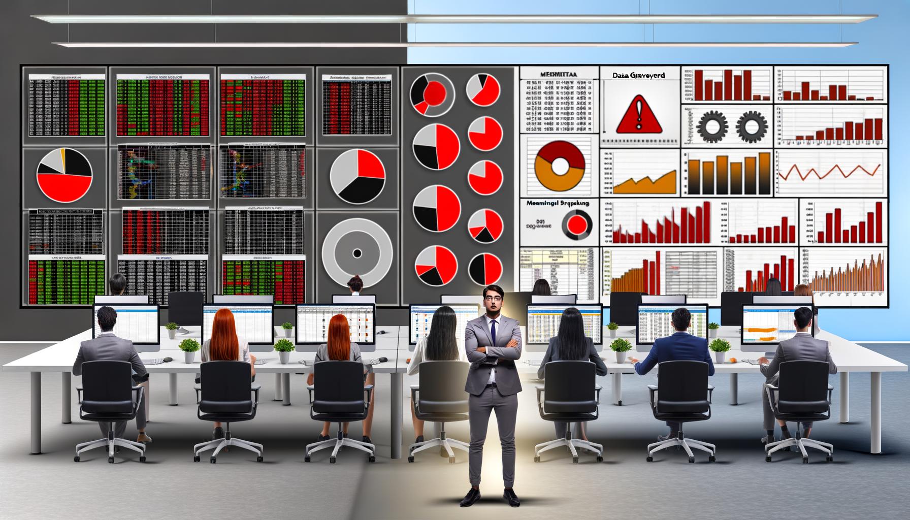 Ein Redaktionsteam umgeben von chaotischen Dashboards und unsortierten Excel-Tabellen, ein Analyst blickt genervt auf rote Warnsymbole bei KPIs; im Hintergrund ein übersichtliches KPI-Dashboard als klarer Kontrast.