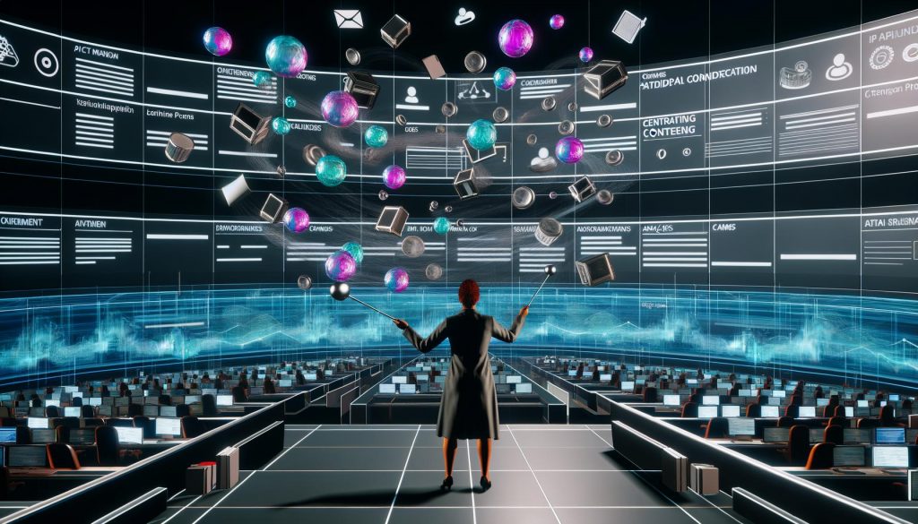 Person dirigiert schwebende Content-Elemente in einem futuristischen Großraumbüro mit digitalen Netzwerken und integrierten Systemen.